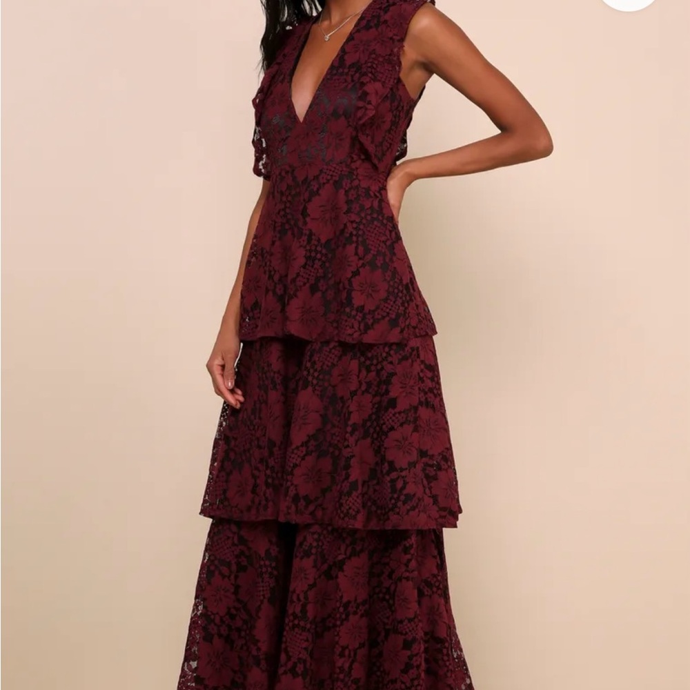 Lulu's Burgundy Floral Lace Maxi Dress